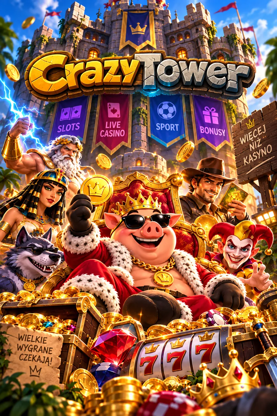 Zamek CrazyTower z królem Wieży i skarbami